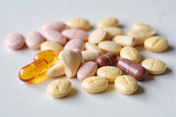 Un surtido de suplementos vitamínicos en cápsulas y tabletas de diferentes colores, presentados de forma organizada sobre una superficie limpia y minimalista.